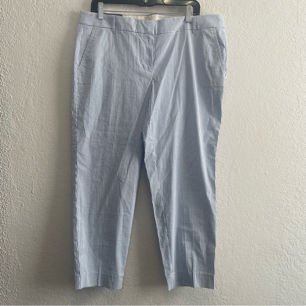 J. Crew Blue and White Pinstriped Cropped Trousers